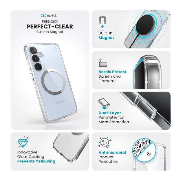 Speck Presidio Perfect-Clear Magnet – dėklas, skirtas Samsung Galaxy S25+ / S24+ MagSafe (skaidrus / chromo apdaila / ramus sidabras) 7