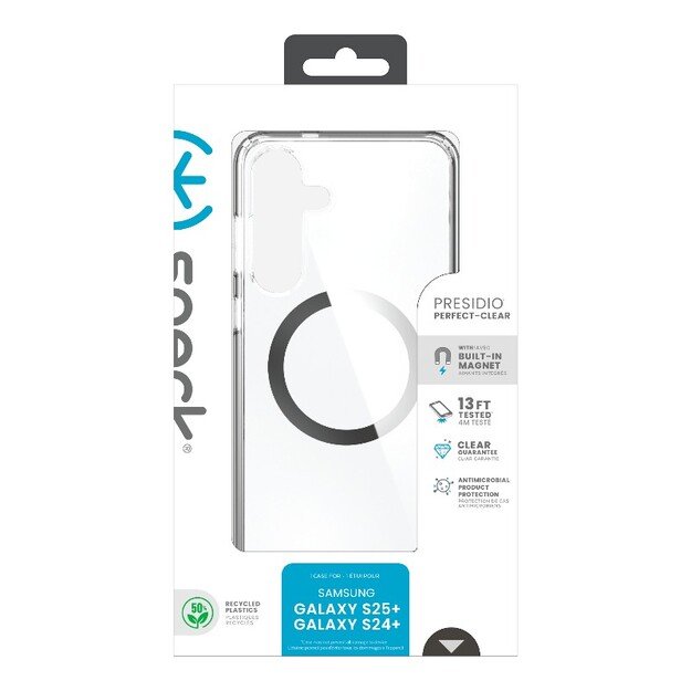 Speck Presidio Perfect-Clear Magnet – dėklas, skirtas Samsung Galaxy S25+ / S24+ MagSafe (skaidrus / chromo apdaila / ramus sidabras) 14
