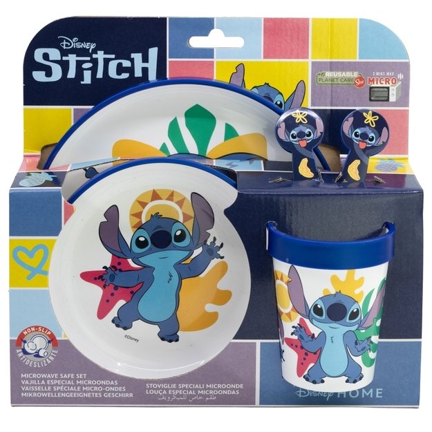 Disney Stitch - Neslystantis mikrobangų indų rinkinys 5 vnt. (lėkštė, dubuo, puodelis, šakutė, arbatinis šaukštelis)