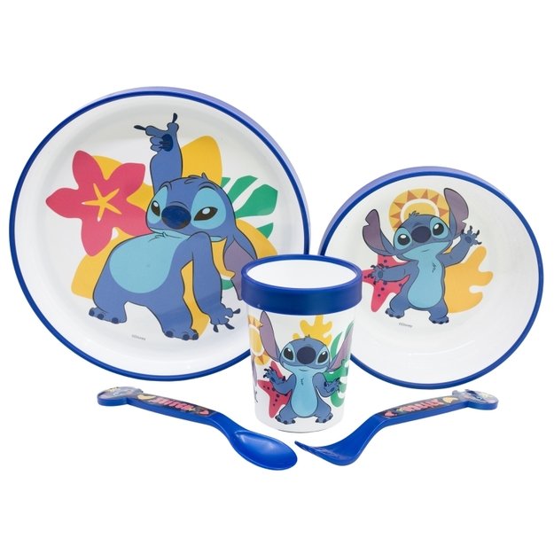 Disney Stitch - Neslystantis mikrobangų indų rinkinys 5 vnt. (lėkštė, dubuo, puodelis, šakutė, arbatinis šaukštelis)