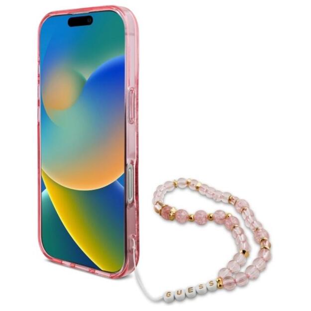 Guess IML gėlės su perlų dirželiu MagSafe – dėklas, skirtas iPhone 16 Pro Max (rožinis)