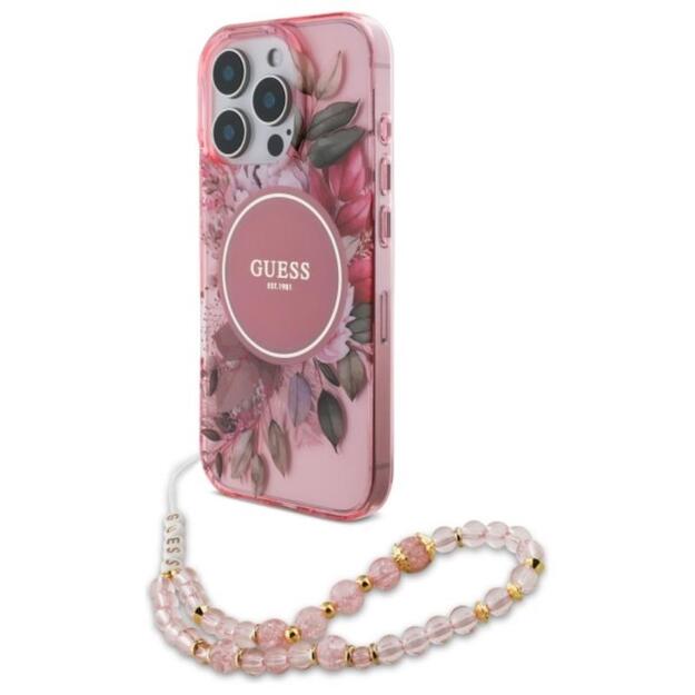 Guess IML gėlės su perlų dirželiu MagSafe – dėklas, skirtas iPhone 16 Pro Max (rožinis)