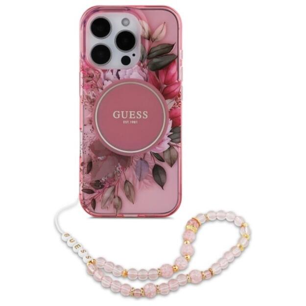 Guess IML gėlės su perlų dirželiu MagSafe – dėklas, skirtas iPhone 16 Pro Max (rožinis)