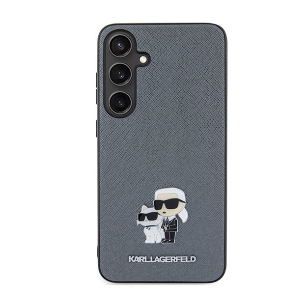 Karl Lagerfeld Saffiano Karl & Choupette metalinis kaištis – Samsung Galaxy S24 dėklas (pilkas)
