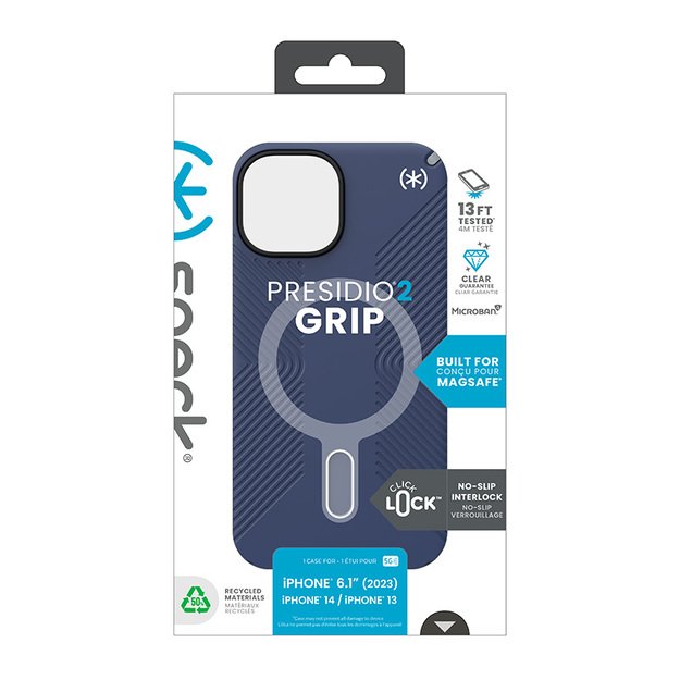 Speck Presidio2 Grip ClickLock & Magsafe – dėklas, skirtas iPhone 16e / iPhone 15 / iPhone 14 / iPhone 13 (pakrančių mėlyna / dulkių pilka / balta)