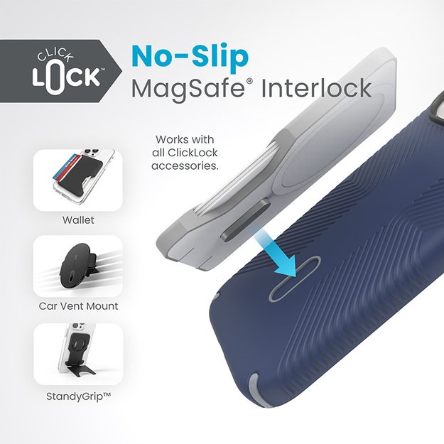 Speck Presidio2 Grip ClickLock & Magsafe – dėklas, skirtas iPhone 16e / iPhone 15 / iPhone 14 / iPhone 13 (pakrančių mėlyna / dulkių pilka / balta)