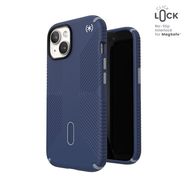 Speck Presidio2 Grip ClickLock & Magsafe – dėklas, skirtas iPhone 16e / iPhone 15 / iPhone 14 / iPhone 13 (pakrančių mėlyna / dulkių pilka / balta)