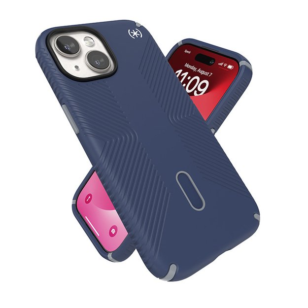 Speck Presidio2 Grip ClickLock & Magsafe – dėklas, skirtas iPhone 16e / iPhone 15 / iPhone 14 / iPhone 13 (pakrančių mėlyna / dulkių pilka / balta)