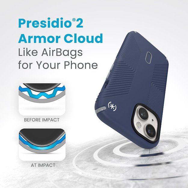 Speck Presidio2 Grip ClickLock & Magsafe – dėklas, skirtas iPhone 16e / iPhone 15 / iPhone 14 / iPhone 13 (pakrančių mėlyna / dulkių pilka / balta)