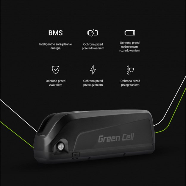 „Green Cell“ – elektrinio dviračio akumuliatorius su įkrovikliu, 48 V, 18 Ah, 864 Wh, ličio jonų, XLR, 3 kontaktų