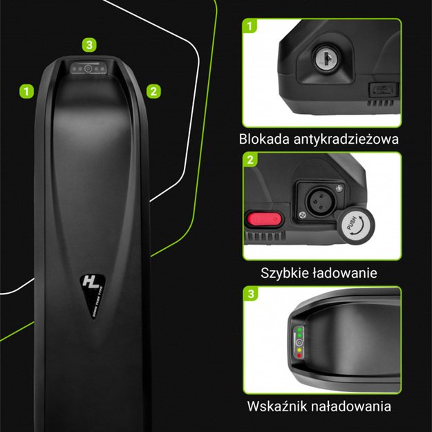 „Green Cell“ – elektrinio dviračio akumuliatorius su įkrovikliu, 48 V, 18 Ah, 864 Wh, ličio jonų, XLR, 3 kontaktų