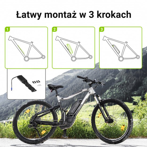 „Green Cell“ – elektrinio dviračio akumuliatorius su įkrovikliu, 48 V, 18 Ah, 864 Wh, ličio jonų, XLR, 3 kontaktų