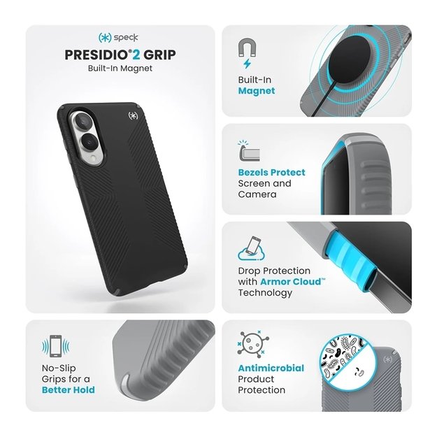 „Speck Presidio2 Grip Magnet“ – dėklas „Samsung Galaxy S25 Edge MagSafe“ (juodas / pilkas / baltas)