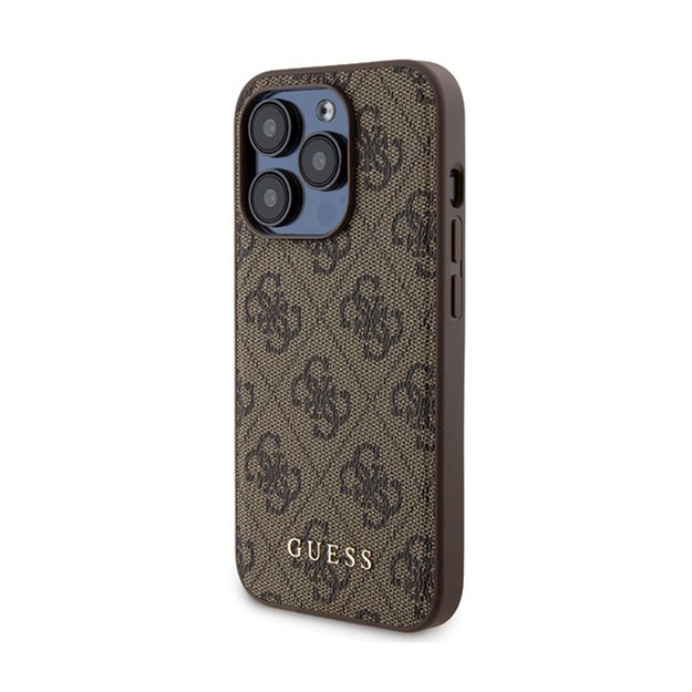 „Guess“ „MagSafe 4G“ metalinio aukso logotipo dėklo rinkinys + 5000mAh išorinė baterija „MagSafe iPhone 15 Pro“ (rudos spalvos)