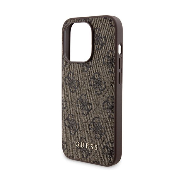 „Guess“ „MagSafe 4G“ metalinio aukso logotipo dėklo rinkinys + 5000mAh išorinė baterija „MagSafe iPhone 15 Pro“ (rudos spalvos)