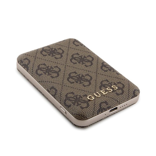 „Guess“ „MagSafe 4G“ metalinio aukso logotipo dėklo rinkinys + 5000mAh išorinė baterija „MagSafe iPhone 15 Pro“ (rudos spalvos)