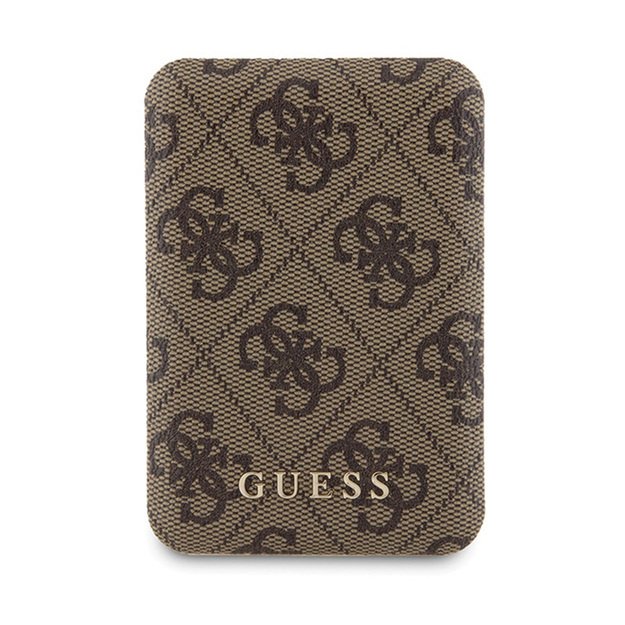 „Guess“ „MagSafe 4G“ metalinio aukso logotipo dėklo rinkinys + 5000mAh išorinė baterija „MagSafe iPhone 15 Pro“ (rudos spalvos)