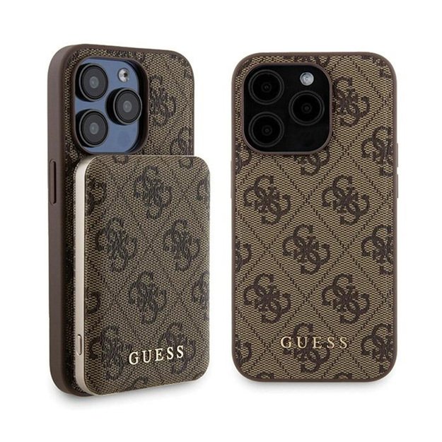 „Guess“ „MagSafe 4G“ metalinio aukso logotipo dėklo rinkinys + 5000mAh išorinė baterija „MagSafe iPhone 15 Pro“ (rudos spalvos)