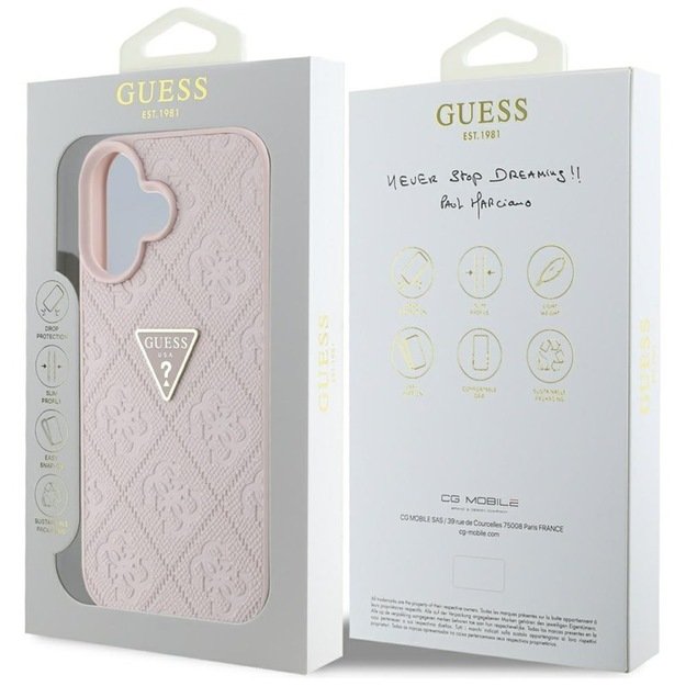 „Guess Hot Stamp 4G Pattern Triangle Metal Logo“ dėklas, skirtas iPhone 16 (rožinis) 15