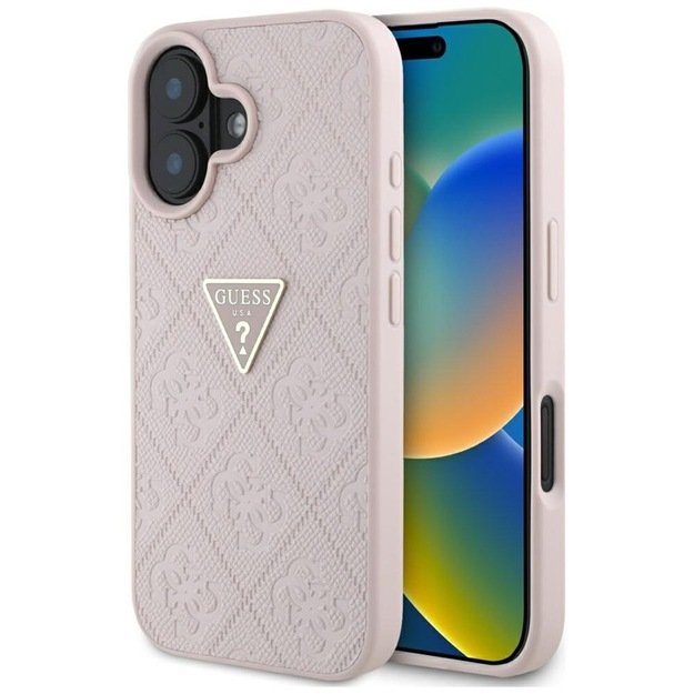 „Guess Hot Stamp 4G Pattern Triangle Metal Logo“ dėklas, skirtas iPhone 16 (rožinis) 1