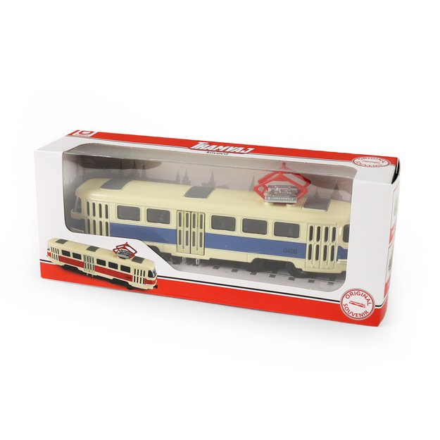 Metalinis čekiškas retro tramvajus mėlynas 16 cm šviesos garsas 1