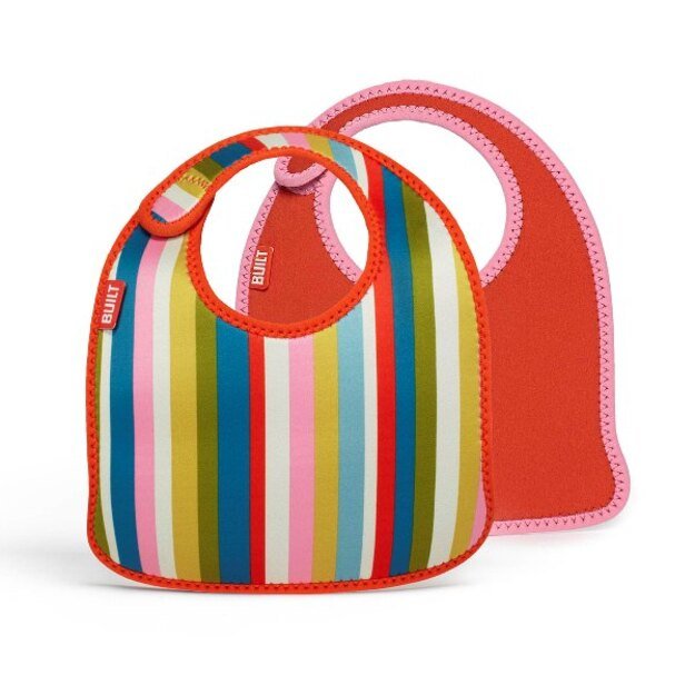 BUILT Mess Mate rinkinys iš 2 kūdikio seilinukų (Baby Pink Stripe) 1