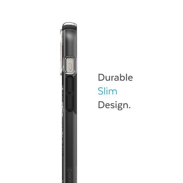 Speck Presidio Perfect-Clear su smūgio geometrija + MagSafe – iPhone 15 Plus / 14 Plus dėklas su MICROBAN danga (skaidrus / juodas) 24