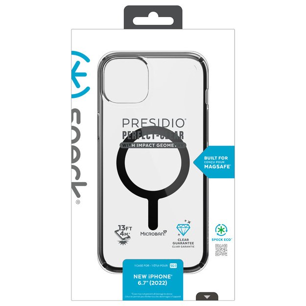 Speck Presidio Perfect-Clear su smūgio geometrija + MagSafe – iPhone 15 Plus / 14 Plus dėklas su MICROBAN danga (skaidrus / juodas) 25