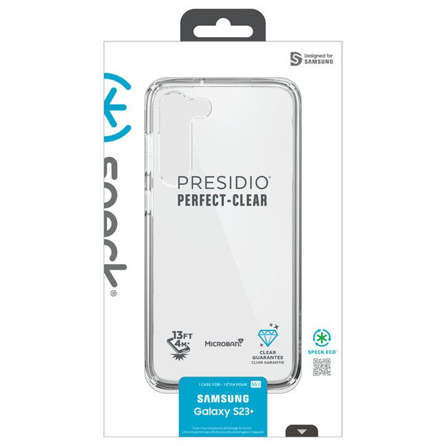 Speck Presidio Perfect-Clear – Samsung Galaxy S23+ dėklas su MICROBAN danga (skaidrus)