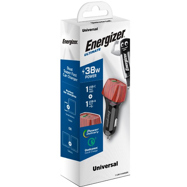 „Energizer Ultimate“ – USB-C ir USB-A 38 W PD + QC3.0 automobilinis įkroviklis (GRIKŠTINIS RIEŠUTIS)