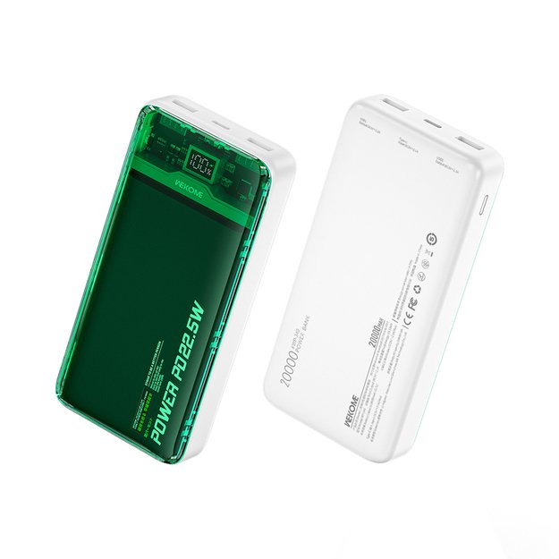 WEKOME WP-351 Vanguard serija – maitinimo blokas 20 000 mAh PD 20 W + QC 22,5 W (žalias / skaidrus)