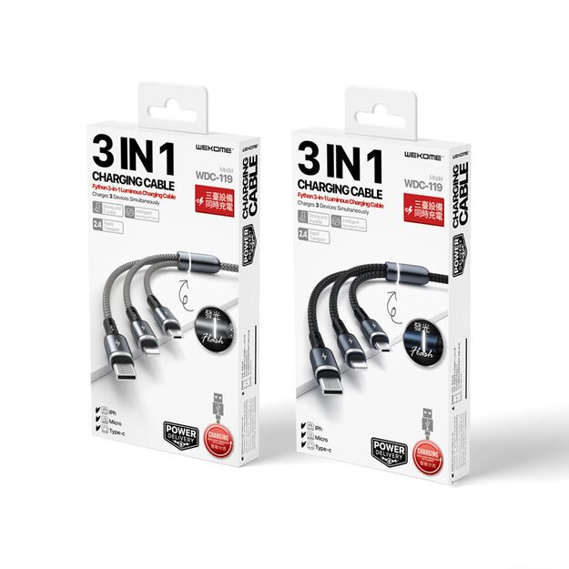 WEKOME WDC-119 Fython serija – trys viename USB-A su „Lightning“ + USB-C + mikro USB PD jungties laidas 1,2 m (juodas) 4