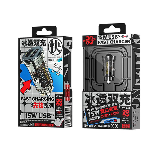 WEKOME WP-C40 Vanguard serija – automobilinis įkroviklis 2 x USB greitas įkrovimas 15 W (juodas / skaidrus) 3