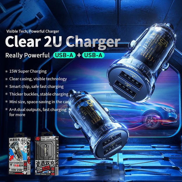 WEKOME WP-C40 Vanguard serija – automobilinis įkroviklis 2 x USB greitas įkrovimas 15 W (juodas / skaidrus) 2