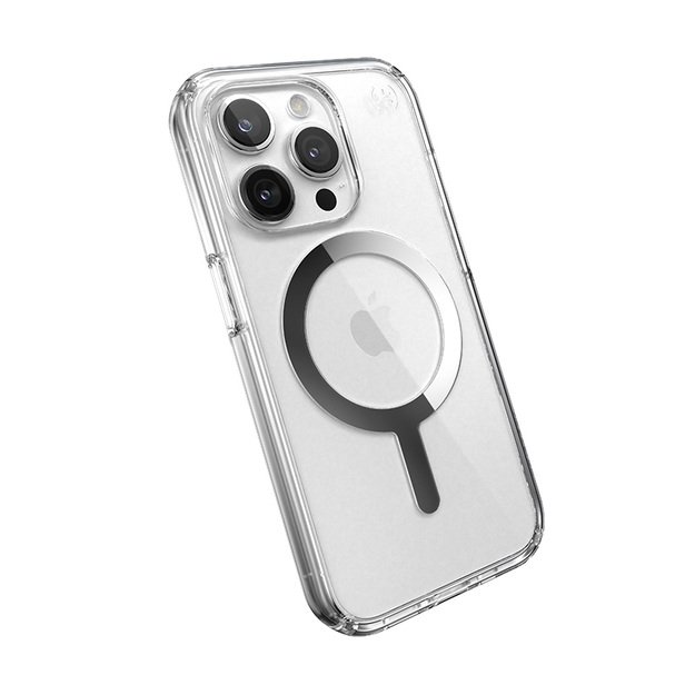 Speck Presidio Perfect-Clear MagSafe – dėklas, skirtas iPhone 15 Pro (skaidrus / chromo apdaila / ramus sidabras) 16