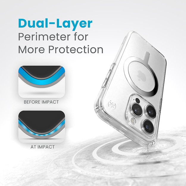 Speck Presidio Perfect-Clear MagSafe – dėklas, skirtas iPhone 15 Pro (skaidrus / chromo apdaila / ramus sidabras) 22