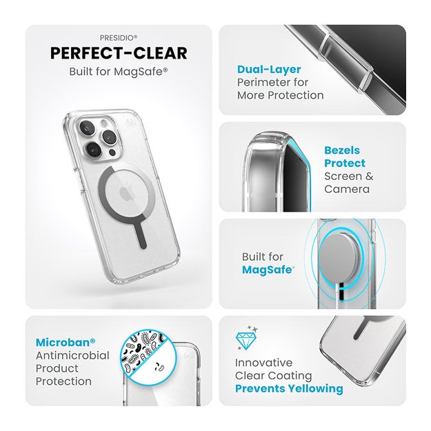 Speck Presidio Perfect-Clear MagSafe – dėklas, skirtas iPhone 15 Pro (skaidrus / chromo apdaila / ramus sidabras)