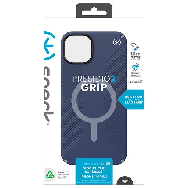 Speck Presidio2 Grip Magsafe – dėklas, skirtas iPhone 15 Plus / iPhone 14 Plus (pakrantės mėlyna / dulkių pilka / balta)