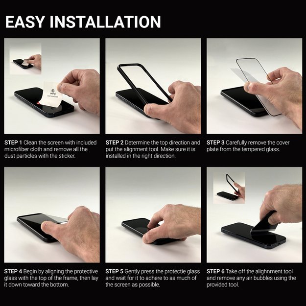 Crong Anti-Bacterial 3D Armor Glass – 9H viso ekrano grūdintas stiklas, skirtas iPhone 15 Pro Max + montavimo rėmelis 6