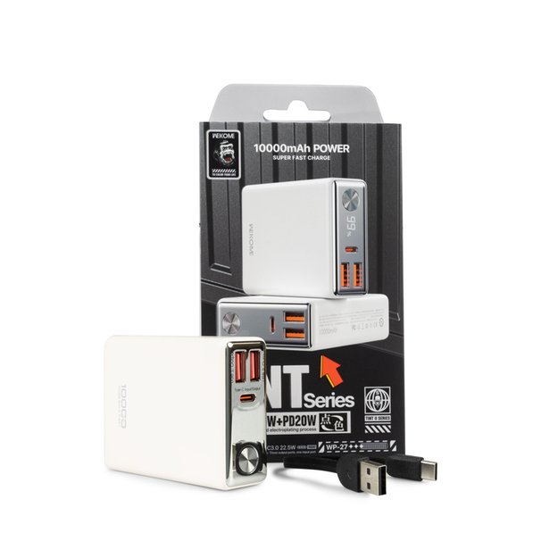 WEKOME WP-27 atspalvių serija – maitinimo blokas 10 000 mAh itin greitas įkrovimas USB-C PD 20W + 2x USB-A QC3.0 22.5W (balta) 27