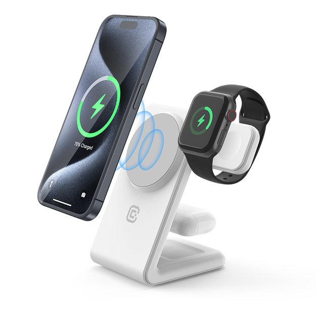 Crong MagSpot Pivot Stand – MagSafe įkroviklis skirtas iPhone, Apple Watch ir AirPods (sniego baltumo)