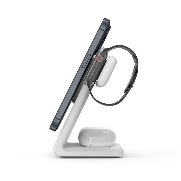 Crong MagSpot Pivot Stand – MagSafe įkroviklis skirtas iPhone, Apple Watch ir AirPods (sniego baltumo)