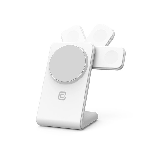 Crong MagSpot Pivot Stand – MagSafe įkroviklis skirtas iPhone, Apple Watch ir AirPods (sniego baltumo)