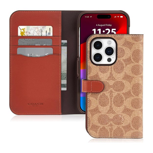 Coach Folio Signature C dėklas – 2 viename dėklas su atverčiamu dangteliu iPhone 15 Pro Max (Tan)