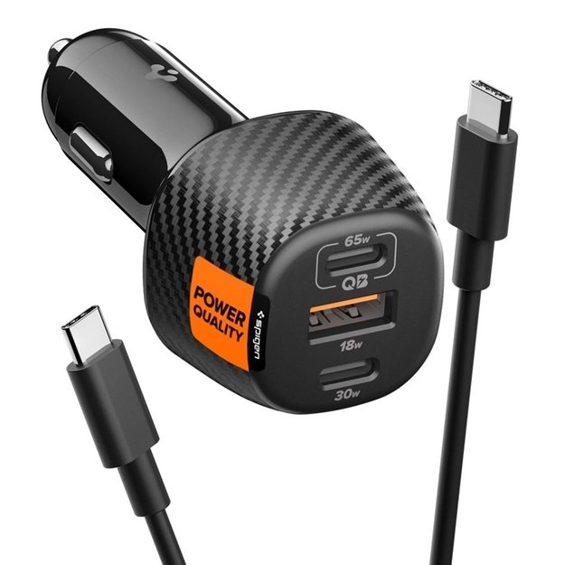 Spigen Essential EV1133 &ndash; Car Charger 2x USB-C PD and USB-A QC3.0 113W + 100W, USB-C Cable, 1m (Black)