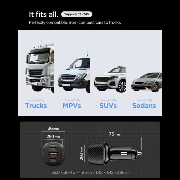 Spigen Essential EV1133 &ndash; Car Charger 2x USB-C PD and USB-A QC3.0 113W + 100W, USB-C Cable, 1m (Black)