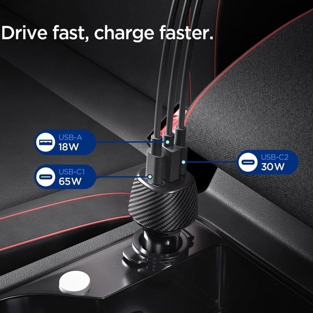 Spigen Essential EV1133 &ndash; Car Charger 2x USB-C PD and USB-A QC3.0 113W + 100W, USB-C Cable, 1m (Black)