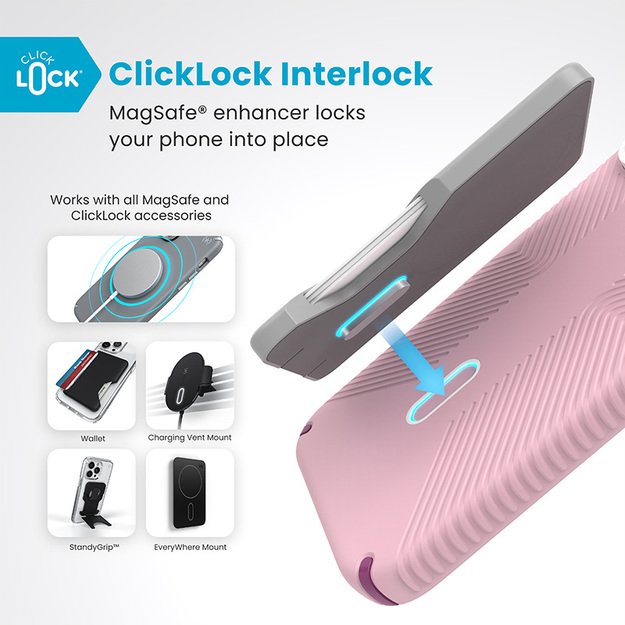 Speck Presidio2 Grip ClickLock & MagSafe – dėklas, skirtas iPhone 16 Pro Max (trečiadienio rožinė / Boysenberry violetinė / balta)