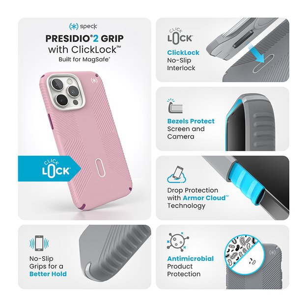 Speck Presidio2 Grip ClickLock & MagSafe – dėklas, skirtas iPhone 16 Pro Max (trečiadienio rožinė / Boysenberry violetinė / balta)
