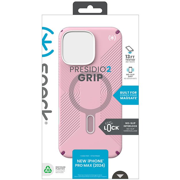 Speck Presidio2 Grip ClickLock & MagSafe – dėklas, skirtas iPhone 16 Pro Max (trečiadienio rožinė / Boysenberry violetinė / balta)